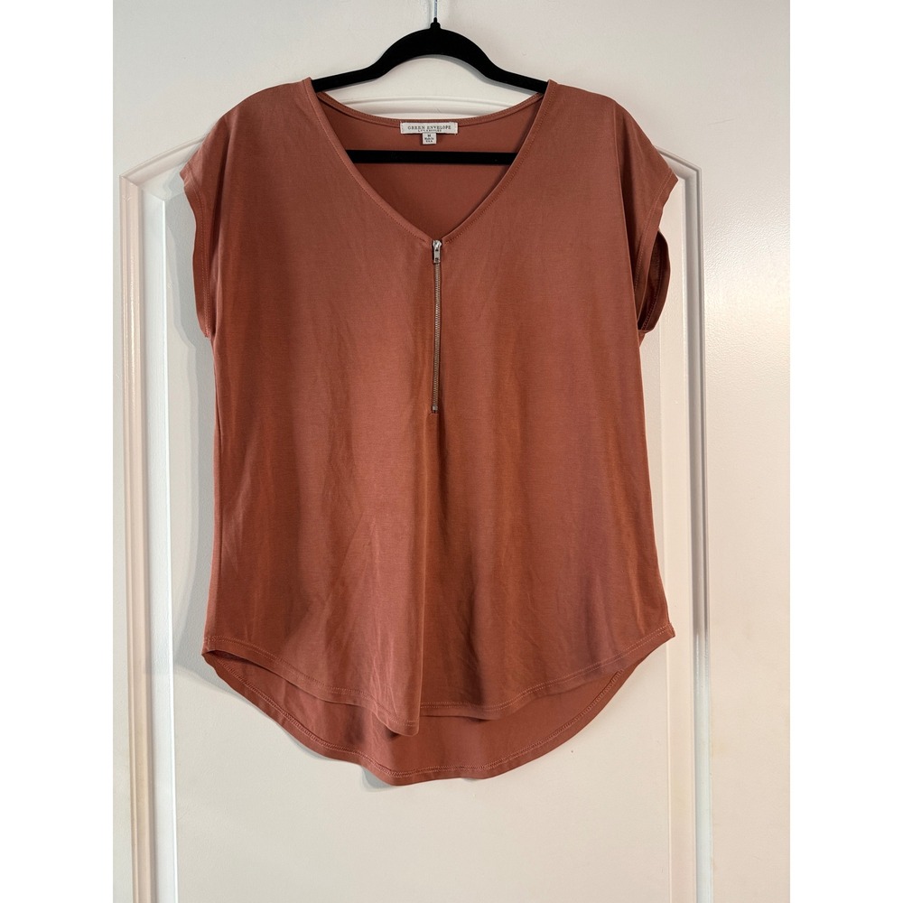 Green Envelope Zip Front Top Medium Terracotta V-Neck Cap Sleeve Boho Earthy